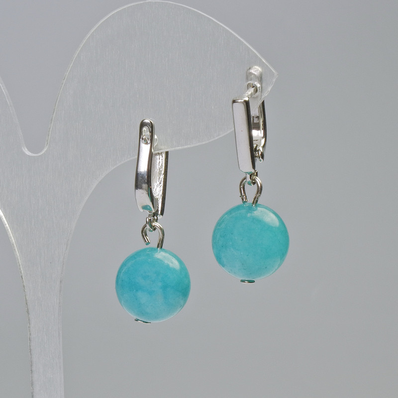 Aquamarine Earrings with Natural Stone, Smooth Bead, 12mm Diameter ±, 30mm Length ±, English Clasp