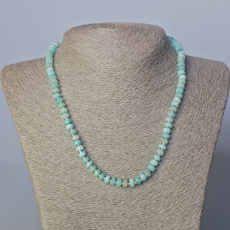 Amazonite Necklace with Natural Stone Discs and Seed Beads, 6x3 mm, 45–47 cm
