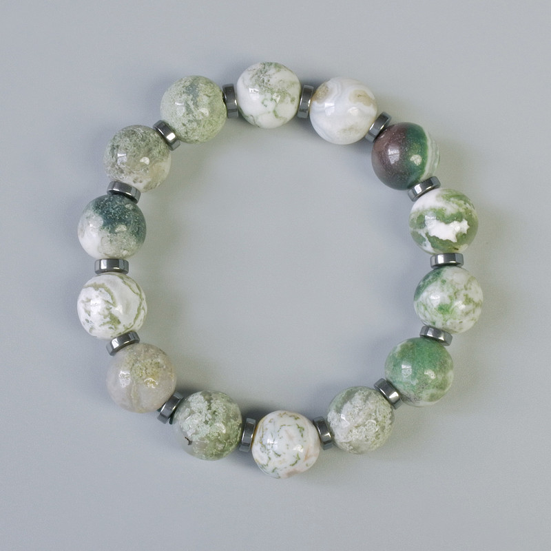 Bracelet Mossy Agate natural stone smooth bead, diameter 12mm± (Stretch), length 18cm± with Hematite inserts