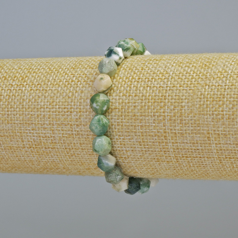 Bracelet Moss Agate — natural gemstone, multifaceted, diameter 7.5 mm ± (stretch), length 18 cm+