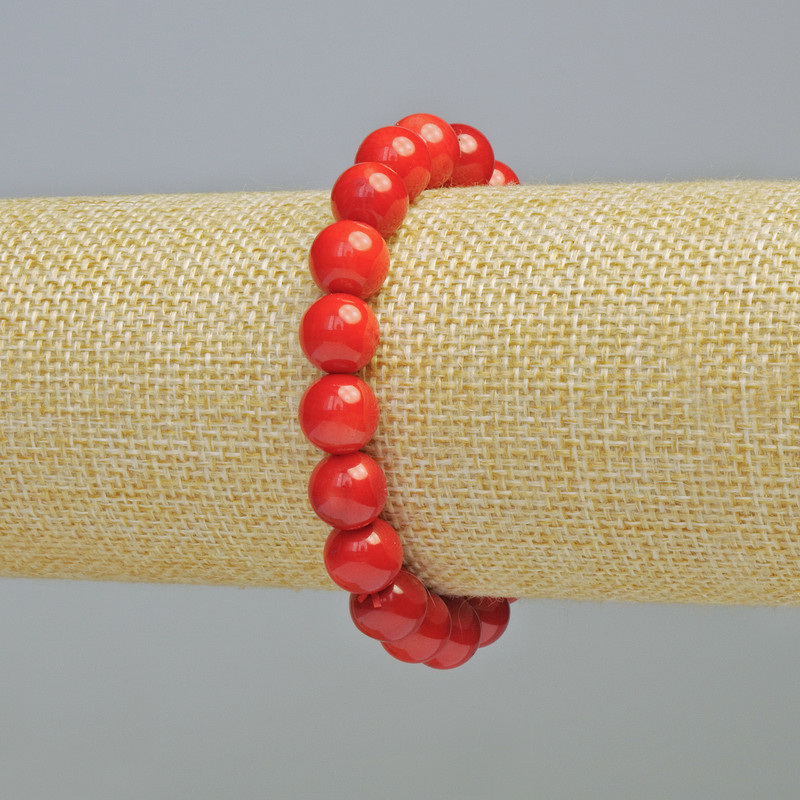 Natural Coral Bracelet with Smooth Beads, 10 mm diameter ± (stretch), length 18 cm+