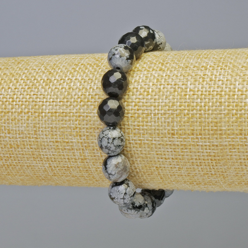 Bracelet Snow Obsidian 'Apache Tears' — natural stone faceted beads, diameter 10mm± (stretch), length 18cm+