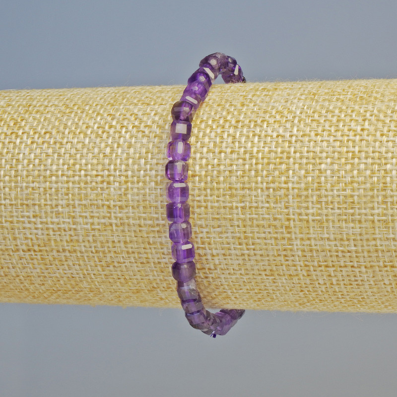 Amethyst Bracelet, Natural Stone, Faceted Cube Beads, 4.5 mm Diameter +/- (Stretch), Length 18 cm