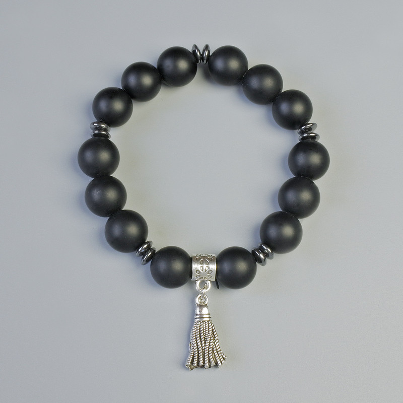 Bracelet Shungite (Artificial) Smooth Bead, 12 mm Diameter ± (Stretch), Length 18 cm ± with Hematite Inlays