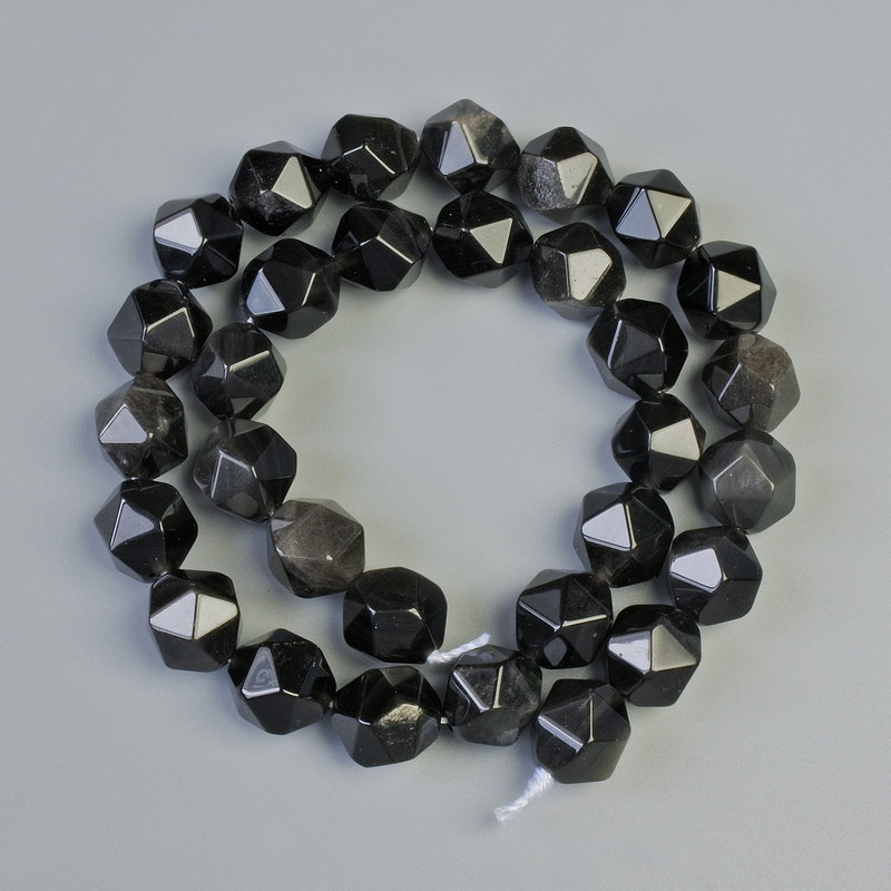 Beads Silver Obsidian natural stone, faceted, diameter 10x12 mm, length 36 cm on thread
