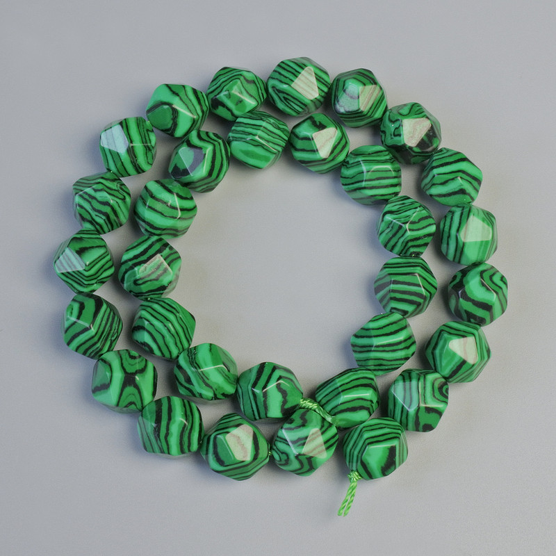 Malachite Beads (Pressed), Faceted, Diameter 10x12 mm, Length approximately 37 cm on thread