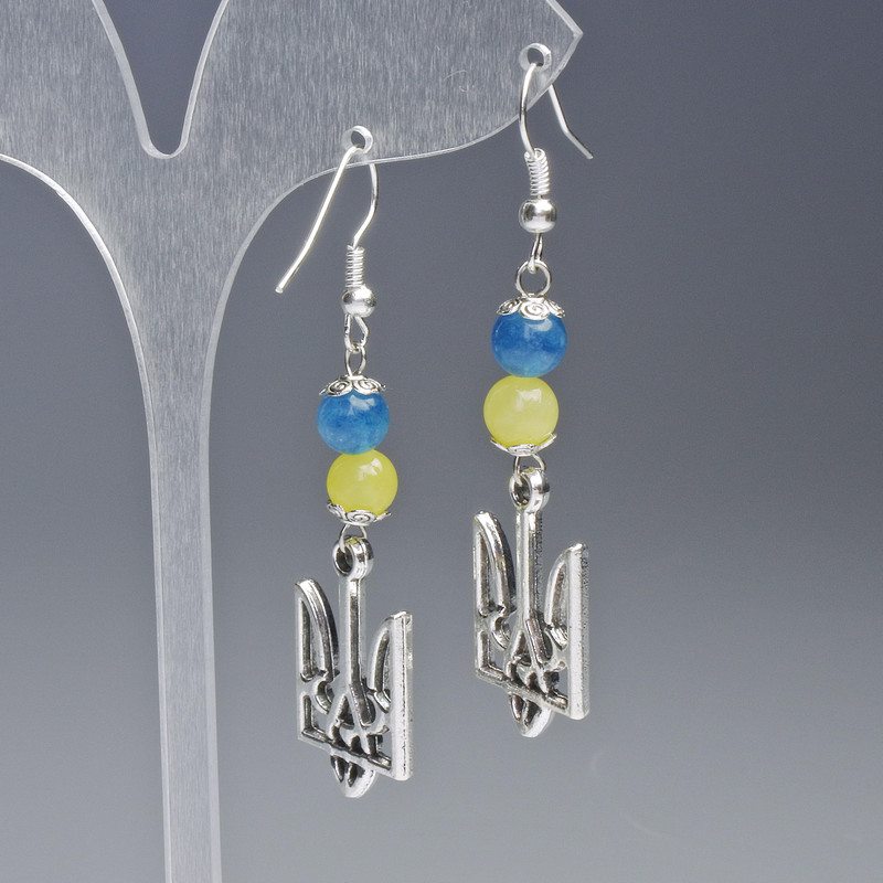 Сережки "Герб", діаметр 15мм+- з намистинами Цитрин та Аквамарин, діаметр 6, 5мм+-, довжина 60мм+-сріблястий колір металу