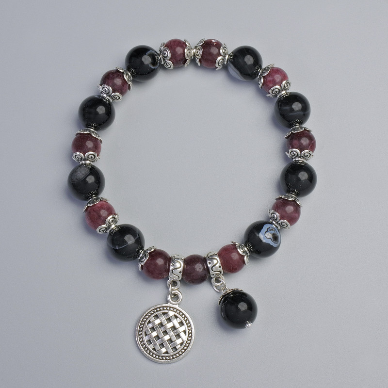 Bracelet Rubellite Tourmaline and Agate, diameter 10 mm, 8.5 mm ± (stretch), length 18 cm ± with metal inserts