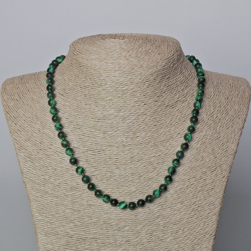 Necklace Green Cat's Eye natural stone smooth beads, diameter 6.5 mm, length 45-49 cm