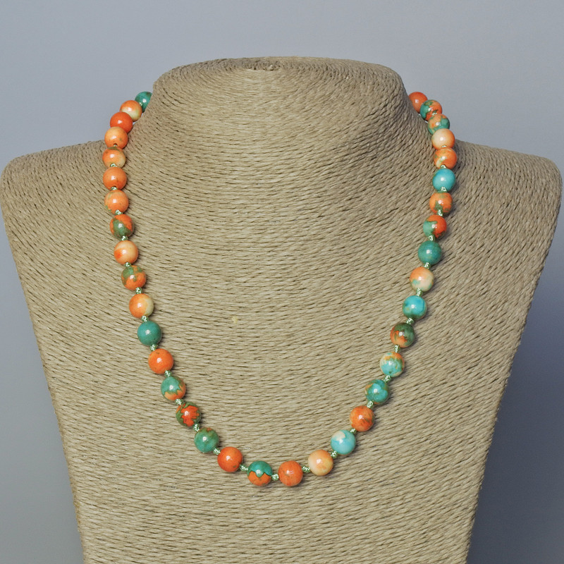 Necklace 'Variscite' (synthetic acrylic) orange, blue, and white smooth beads, diameter 8.5 mm, length 45-48 cm