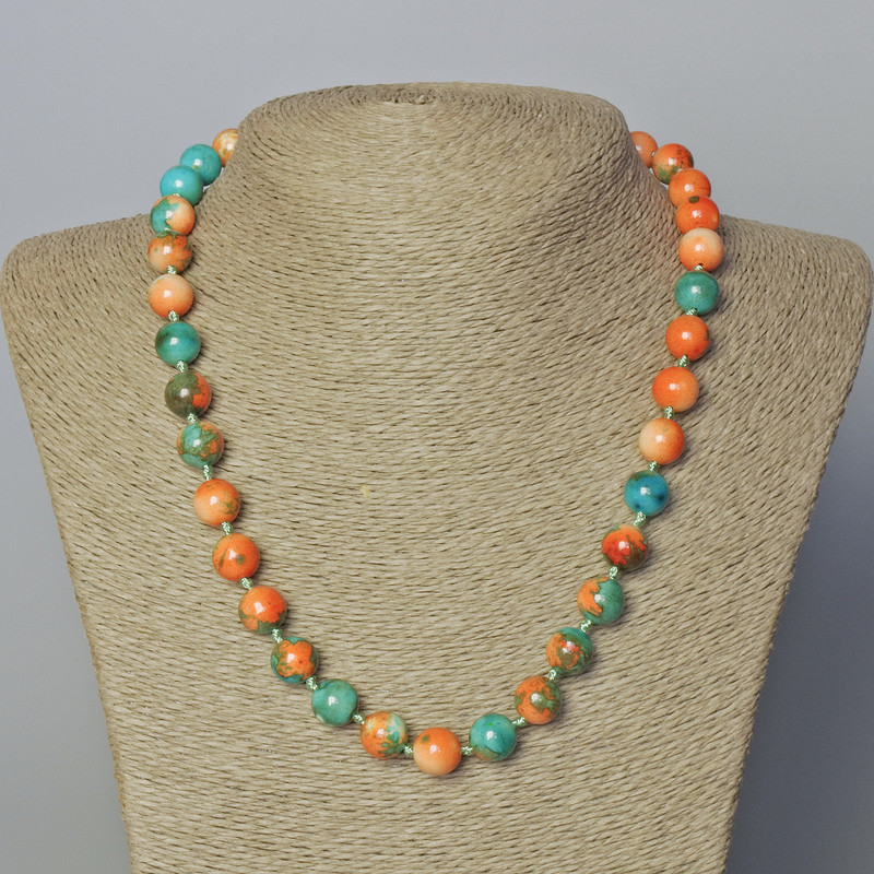 Necklace 'Variscite' (acrylic) orange, blue and white smooth beads, 10mm diameter, 45-51 cm length