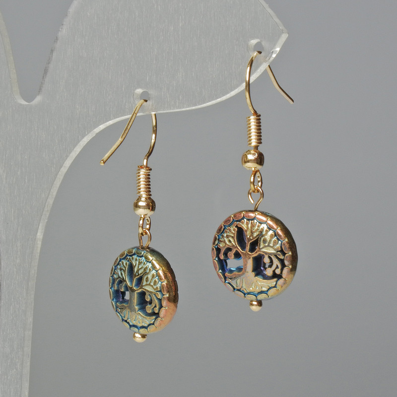 Hematite Earrings 'Tree' in Chameleon Color, diameter 12.5×4.5 mm, golden ear hook