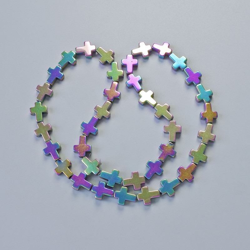Hematite Beads "Cross" Chameleon Color, diameter 8.5×10.5×3 mm, length 40 cm ± on thread