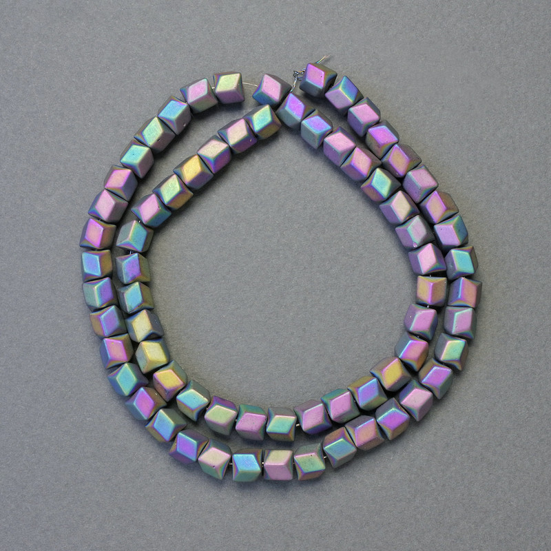 Hematite beads in hexagonal zigzag rainbow matte color, diameter 6×6 mm ±, length 42 cm ± strand