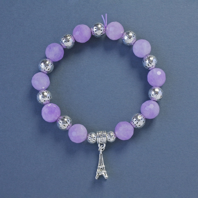 Amethyst Bracelet, 10 mm diameter, 18 cm length, stretch bracelet with Eiffel Tower pendant