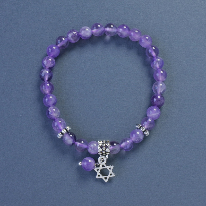 Amethyst Bracelet, Smooth Bead, 6 mm Diameter, 18 cm Length, Stretch with Star of David Pendant