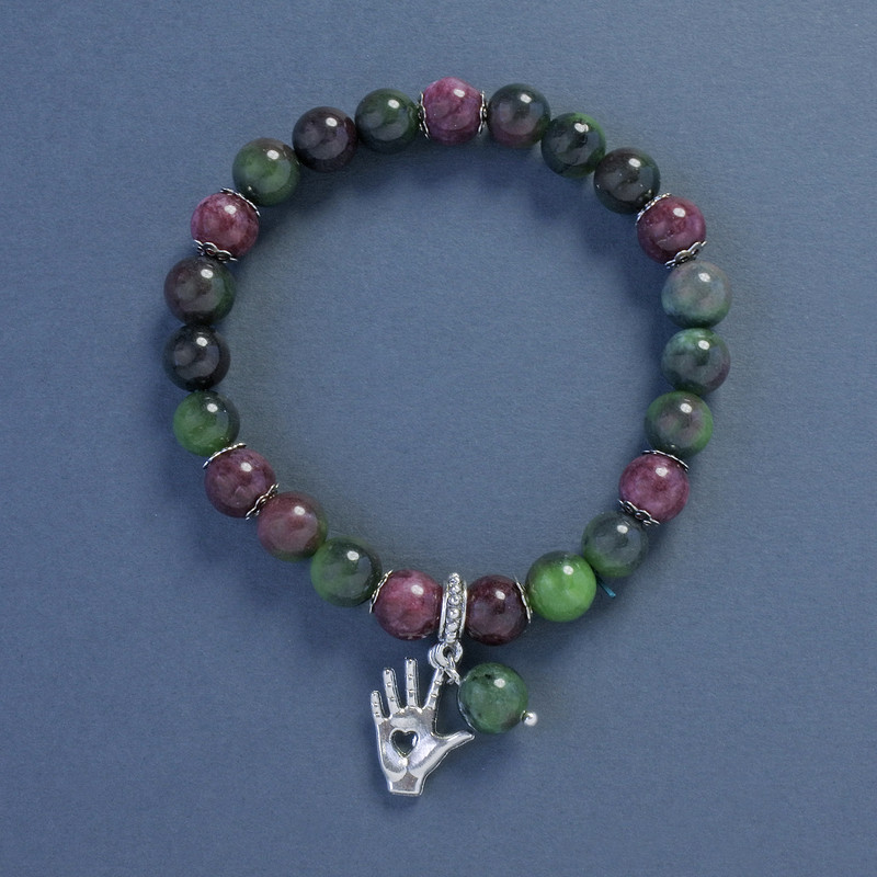 Tourmaline and Jasper Bracelet with Smooth Beads, 8 mm Diameter, 18 cm Length, Elastic Stretch with Palm Pendant