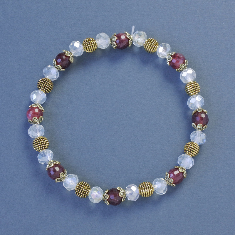 Bracelet with rubellite and Czech glass, faceted bead, 6 mm diameter, 18 cm length, stretch