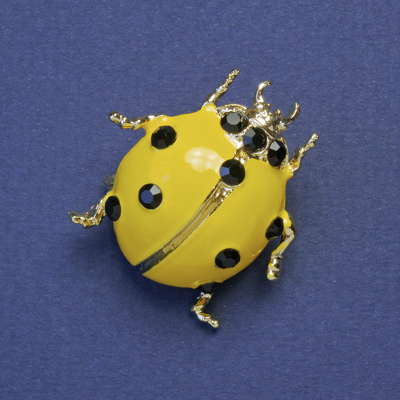 Brooch Ladybug with yellow enamel, black rhinestones, metal color 29x27mm+