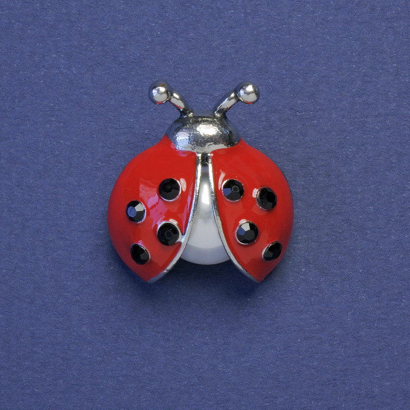 Ladybug Brooch with Red Enamel, Black Rhinestones and Pearl, Silver-Tone Metal 23x21mm+