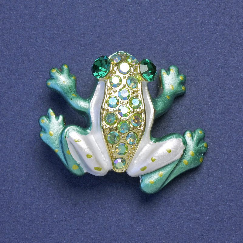 Frog brooch pendant green and white enamel with crystals, petrol-gold metal color, 35x28mm +