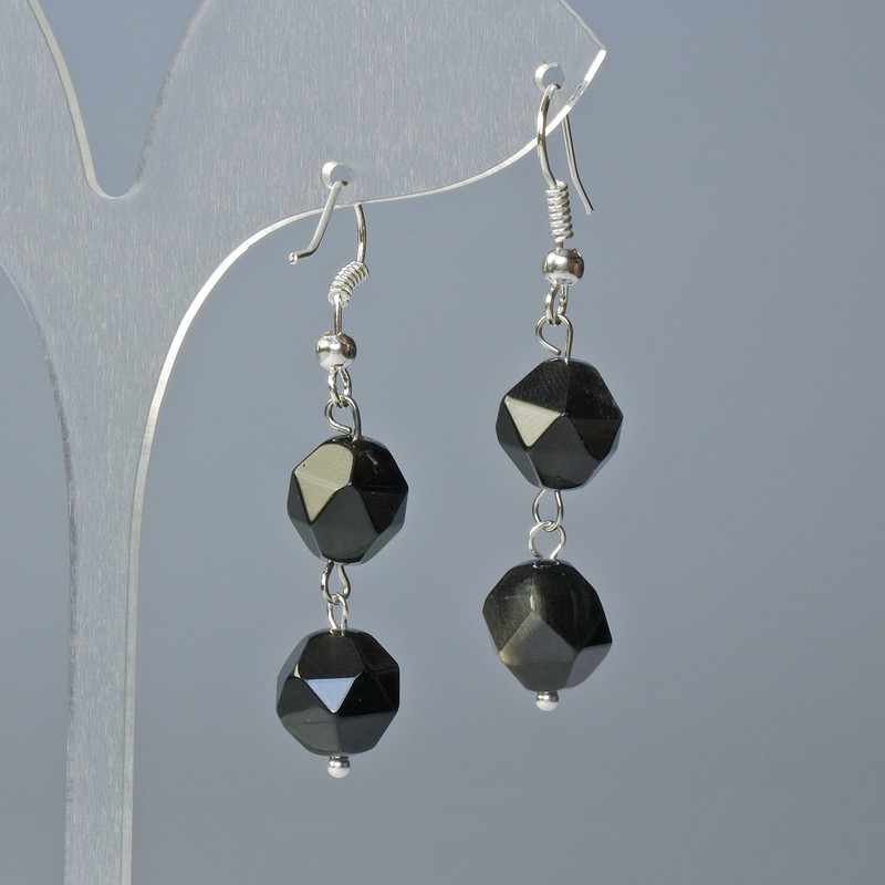Earrings with Silvery Obsidian, Natural Stone, Faceted, Diameters 10×9 mm and 12×11 mm, Length 4 cm, with ear hooks