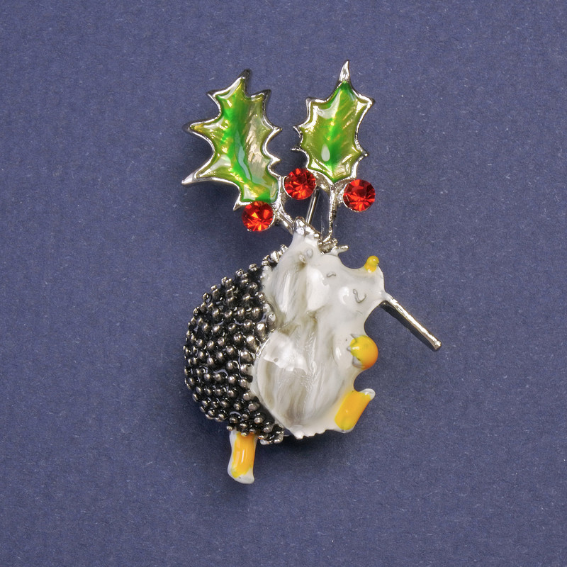 Brooch Hedgehog with Christmas Holly Flower, green and white enamel, metal color: silver, 39x23 mm+