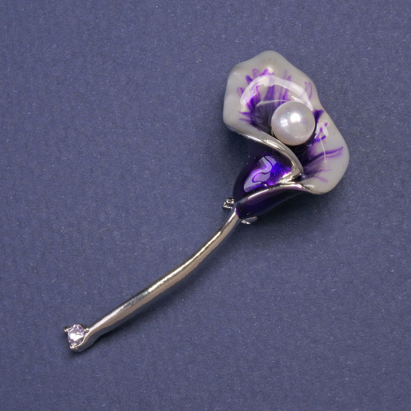Brooch-pendant 'Viburnum Flower' Purple Enamel 52×23 mm Silver-tone Metal