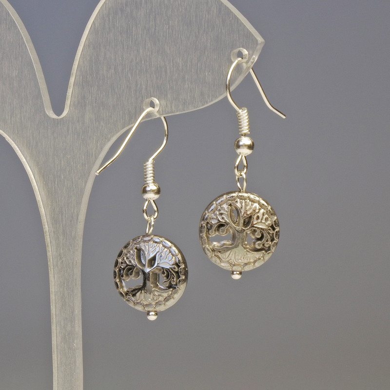 Hematite Earrings, Mixed Wood, Silver, Diameter 12×4 mm, Length 3.2 cm