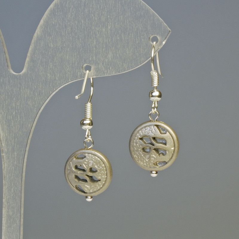 Earrings Hematite Tree - Matte Silver, diameter 12×4.5 mm, length about 3.2 cm