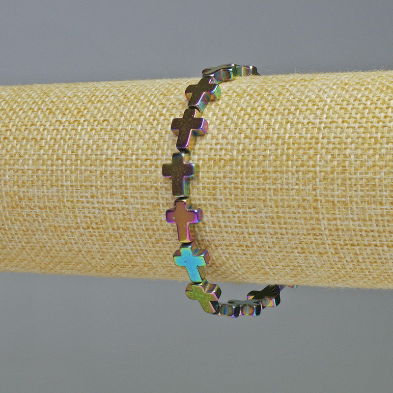 Hematite Bracelet 'Cross' in Chameleon Color, diameter 8.5×10.5×3 mm ±, length 18 cm ± stretch