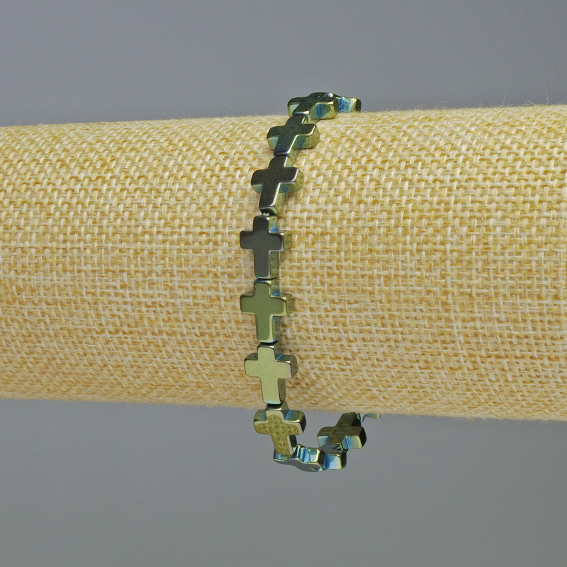 Hematite Bracelet 'Cross' in green-blue color, diameter 8.5×10.5×3 mm, length 18 cm +- stretch