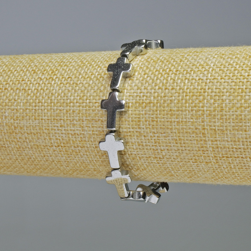 Hematite Bracelet 'Cross', silver color, diameter 10x14x4 mm +/-, length 18 cm +/- stretch