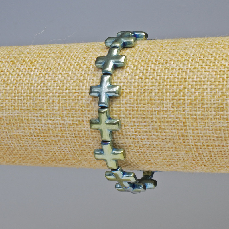 Hematite Bracelet 'Cross' green-blue color, diameter 12.5×12.5×4 mm ±, length 18 cm ±, stretch