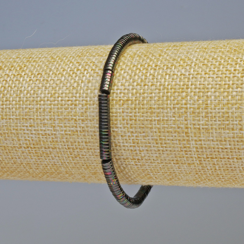 Hematite Rondelle Bracelet, Black Rainbow Multicolor, 4x1 mm Diameter, 18 cm Length, Stretch