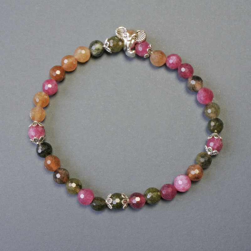 Bracelet Tourmaline Faceted Bead - 6mm - with Metal Inserts - Length 18 cm - Stretch