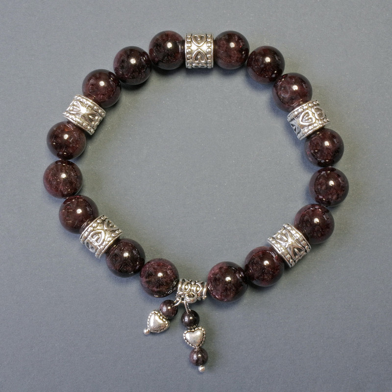 Garnet Bracelet with Natural Stone, Smooth Round Beads, 10 mm Diameter ±, with Metal Inlays, 18 cm Length ±, Stretch