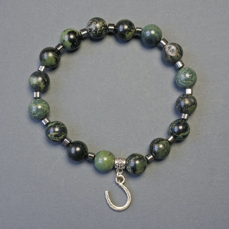 Bracelet Ocean Jasper Smooth Beads, 8 mm Diameter ±, Hematite Cubes, 3x3 mm, 18 cm Length (Stretch)