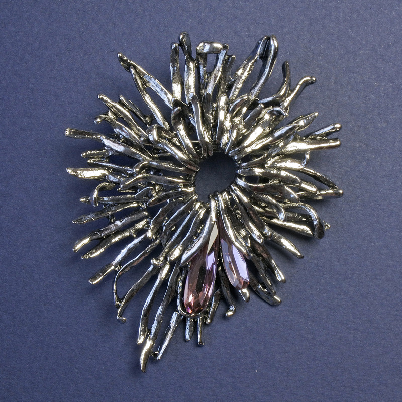 Brooch-Pendant Flower with Pink Crystals, Silver-Toned Metal 70x55mm+