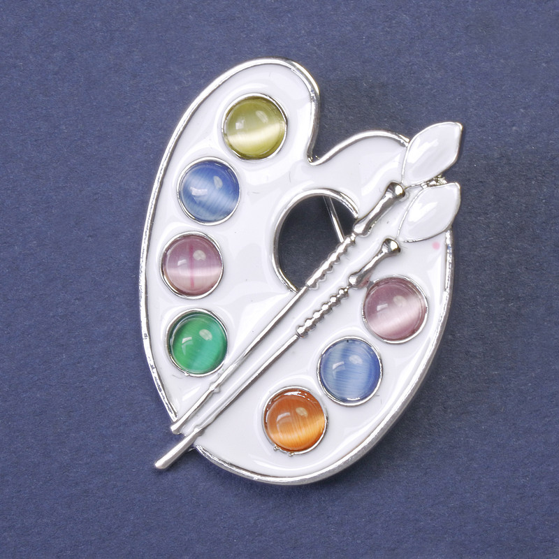 Palette Brooch, multicolored enamel, silver metal 38×29 mm+