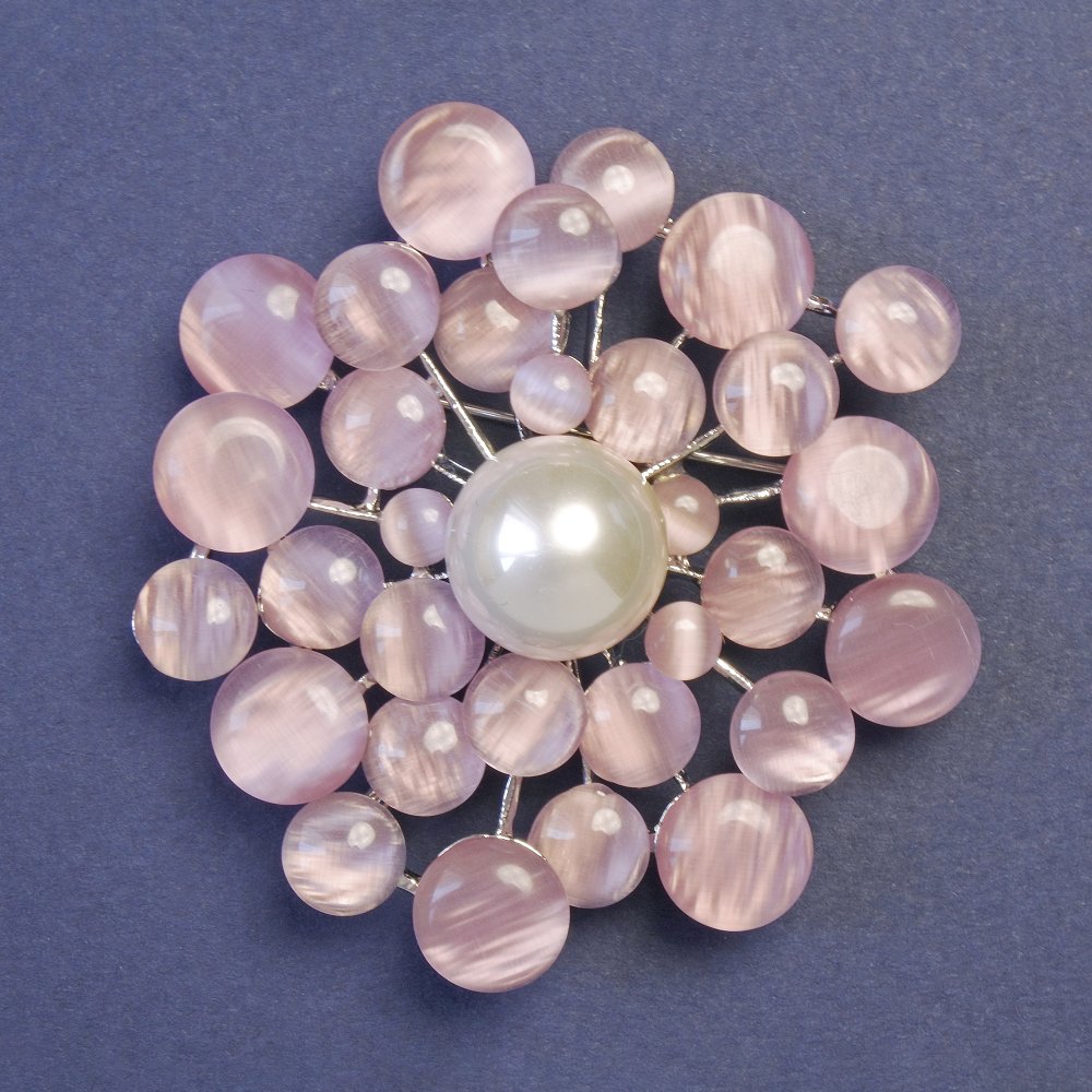 Brooch with pink cat's-eye stone (synthetic) and artificial pearl, 55 x 55 mm, silver-tone metal