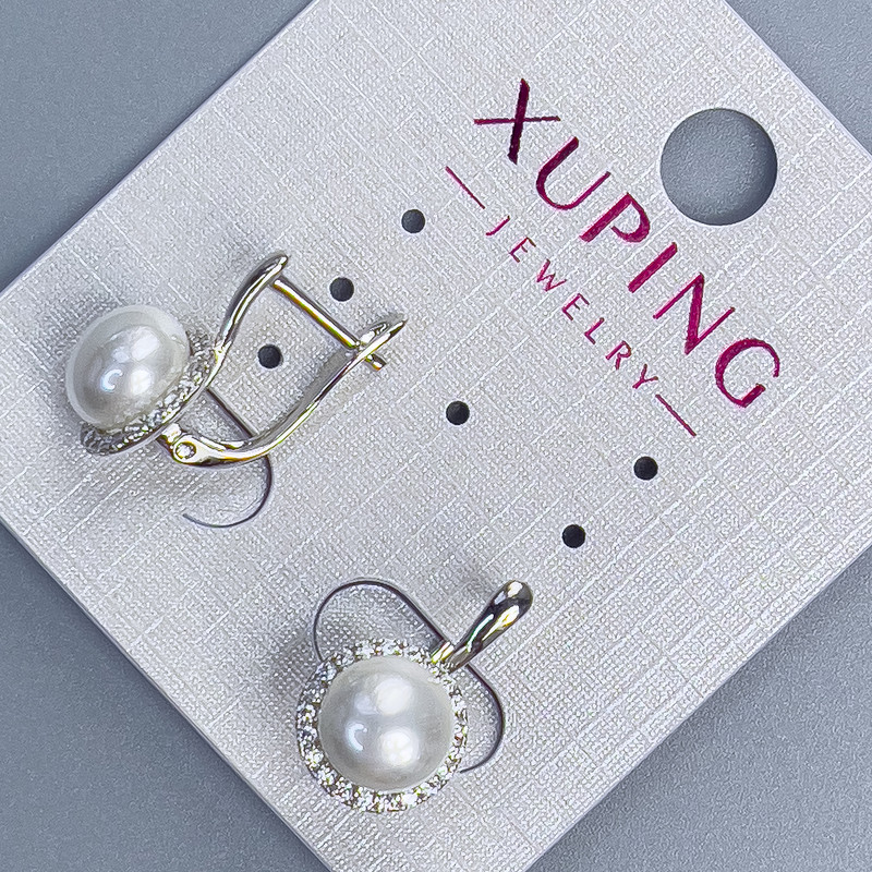 Xuping rhodium-plated earrings with pearl, 8 mm diameter and white rhinestones, length 17 mm +