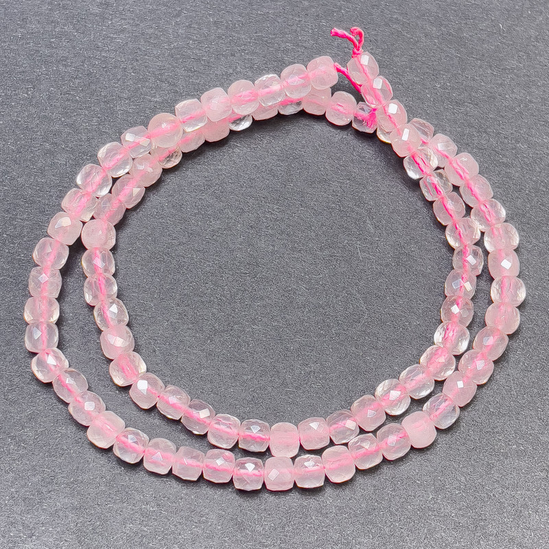 Pink Quartz Beads on Thread, Faceted Cubes, 4 mm Diameter, 39 cm Length