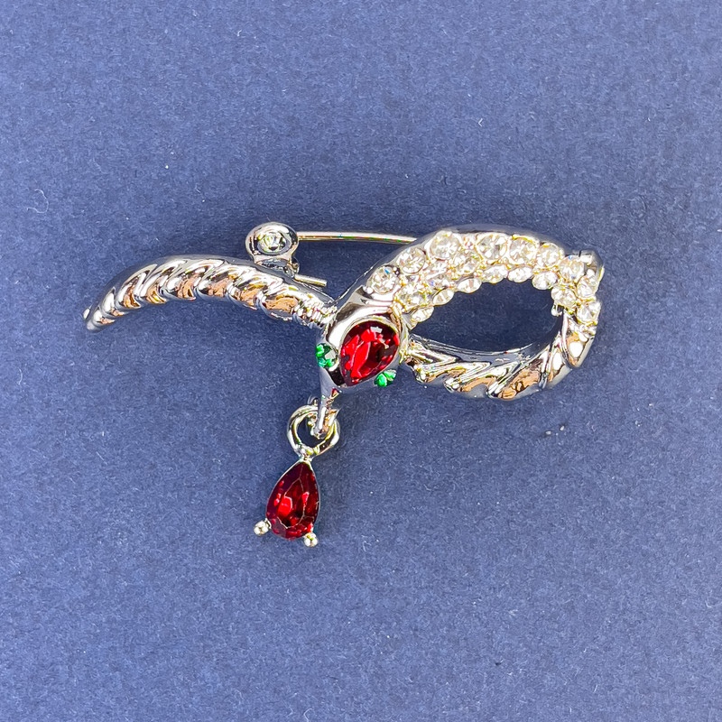 Snake Brooch - Silver-Colored with White and Red Crystals, Silvery Metal 39x22mm+
