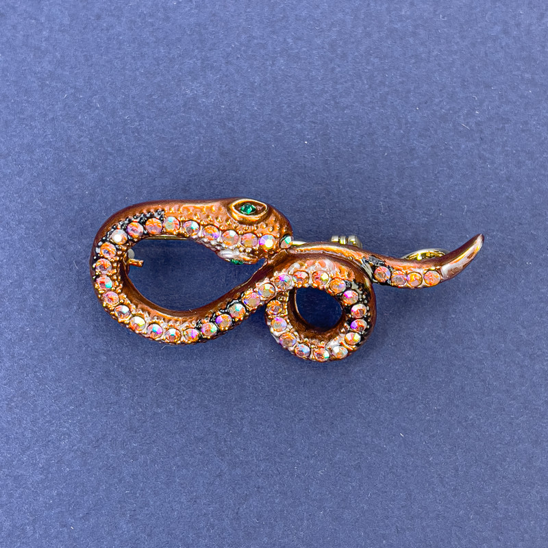 Snake Brooch-Pendant Bronze Color with Iridescent Crystals Gold-Tone Metal 44x20mm +