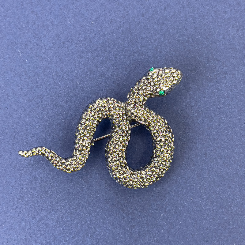 Snake Brooch Pendant with Green Crystals, Silver-Tone Metal, 53x30mm +