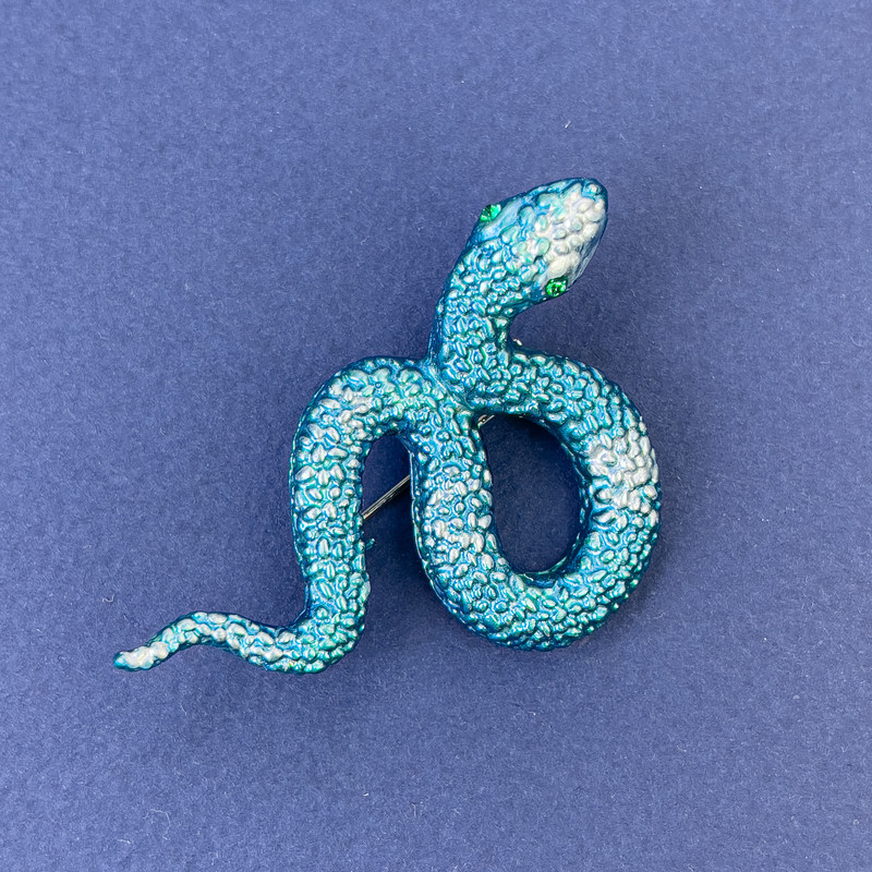 Brooch-pendant 'Snake' blue enamel with blue crystals on silver-tone metal 53x32mm +