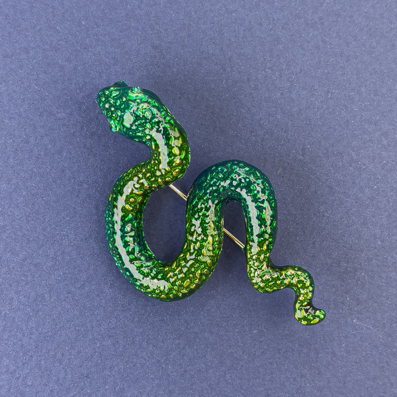 Snake brooch-pendant with green enamel and green crystals on golden metal 30x55mm +