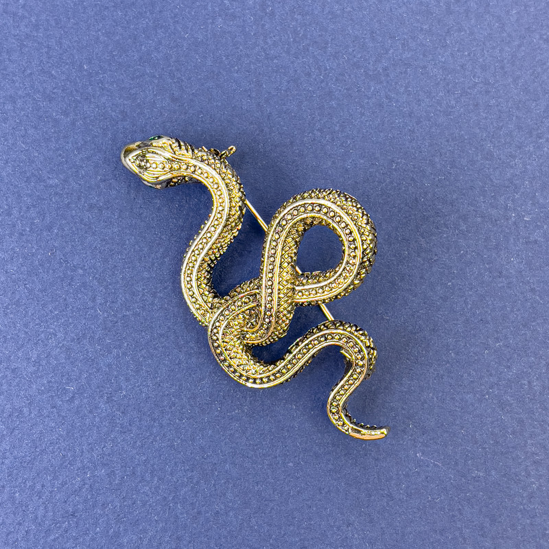 Snake Brooch-Pendant Bronze Glossy with Green Rhinestones Gold-Toned Metal 30×55mm +