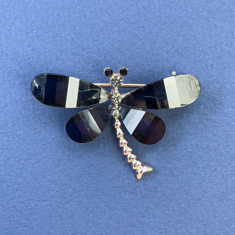 Butterfly Brooch with White and Gray Crystals, Black-Gold-Tone Metal, Diameter 40 mm, Length 30 mm